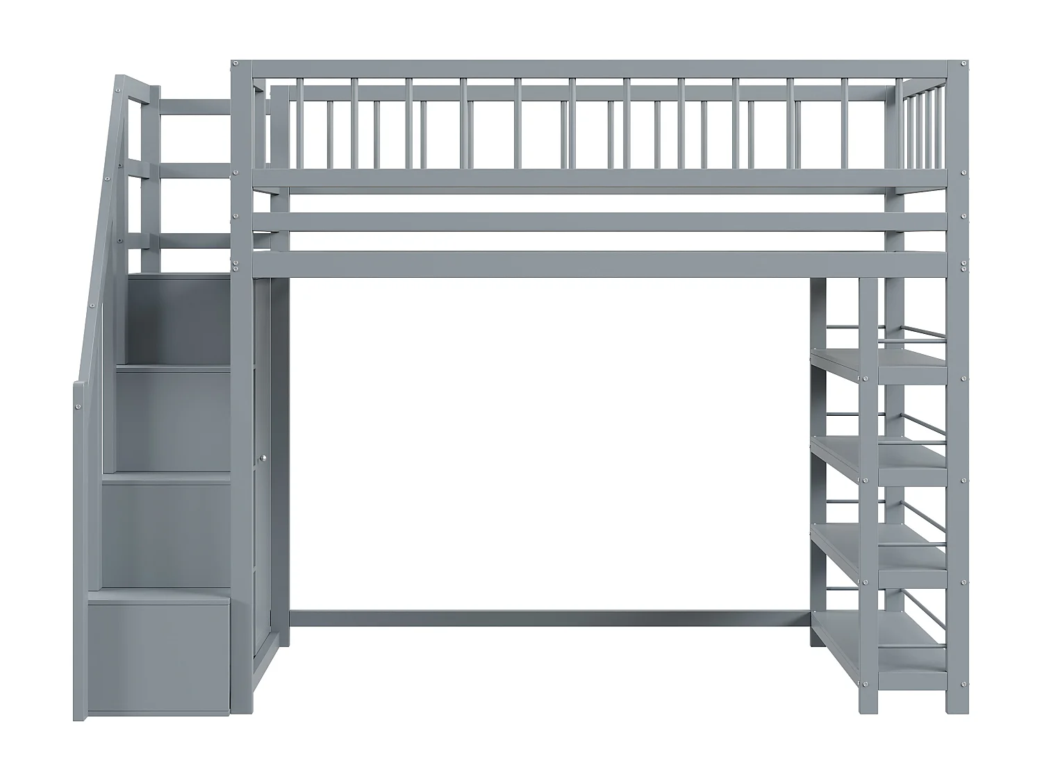 Lit mezzanine 90x200 cm gris avec échelle de sécurité, armoire et étagères, lit multifonction bois massif