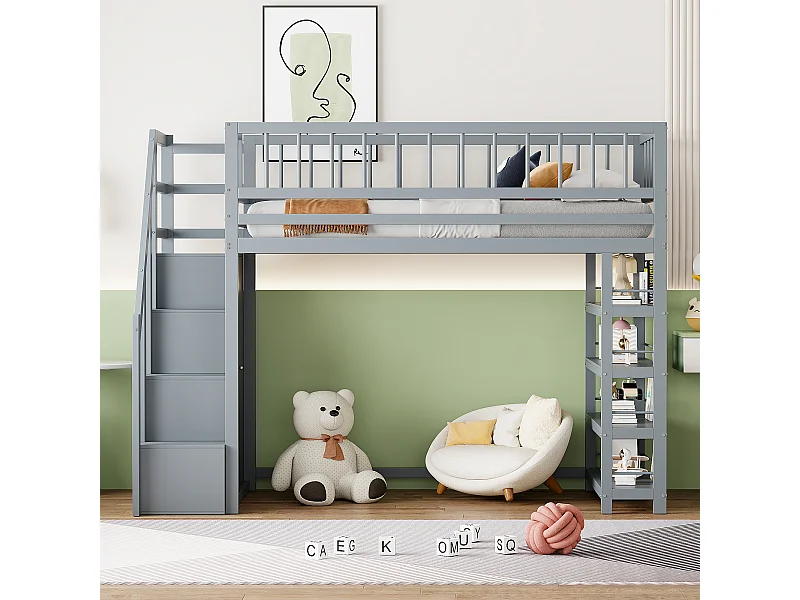 Lit mezzanine 90x200 cm gris avec échelle de sécurité, armoire et étagères, lit multifonction bois massif