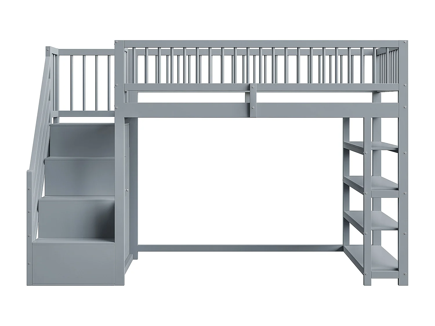 Lit mezzanine 90x200 cm en bois massif gris avec garde-corps sécurisé, rangements et armoire intégrée