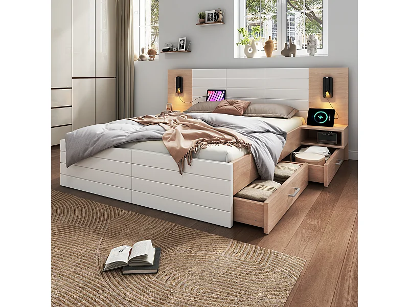 Lit double en bois 180×200 cm avec tête de lit LED, 2 tiroirs et 2 tables de nuit, port USB, chêne/blanc