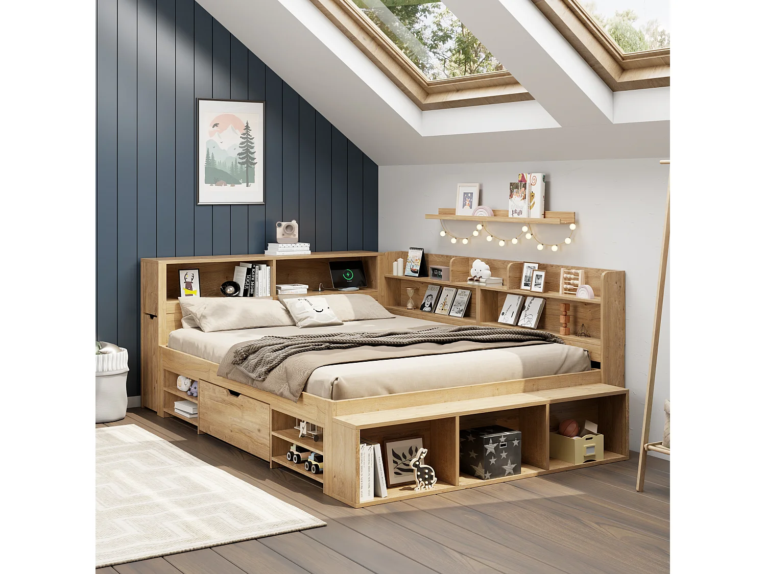 Lit enfant coffre 140×200 cm naturel, bois MDF, avec table de nuit, tiroirs, étagères, armoire et chargeur sans fil intégré