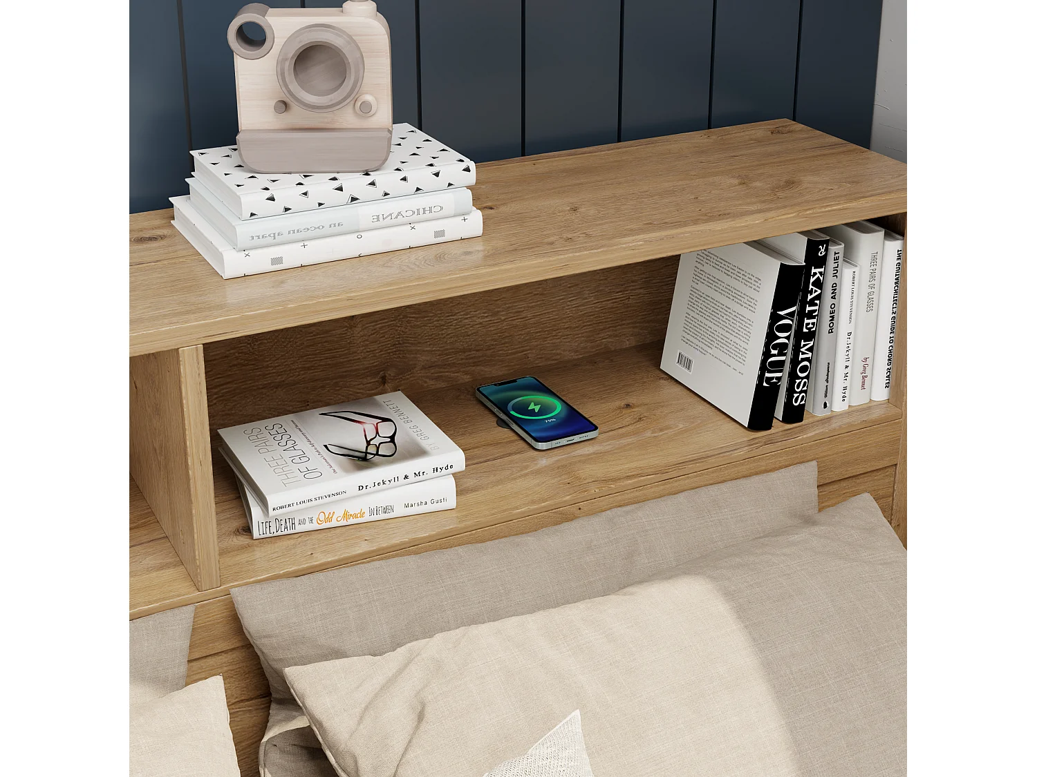 Lit enfant coffre 140×200 cm naturel, bois MDF, avec table de nuit, tiroirs, étagères, armoire et chargeur sans fil intégré