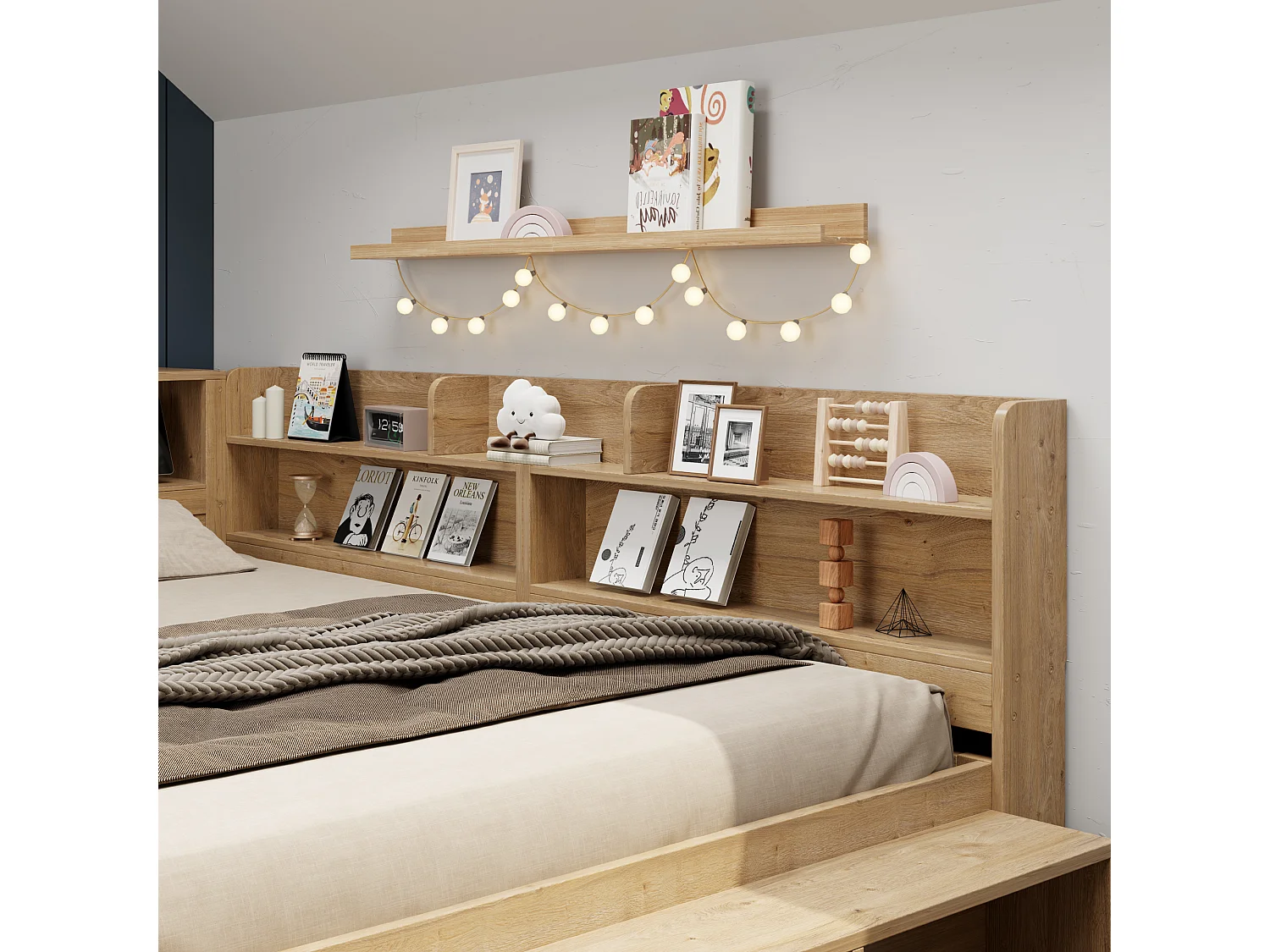 Lit enfant coffre 140×200 cm naturel, bois MDF, avec table de nuit, tiroirs, étagères, armoire et chargeur sans fil intégré