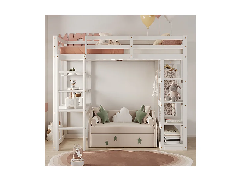 Lit mezzanine bois massif 90x200 cm, avec échelle, table et étagères, penderie simple, lit enfant, lit junior, lit simple, blanc