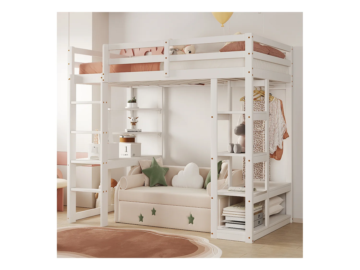 Lit mezzanine bois massif 90x200 cm, avec échelle, table et étagères, penderie simple, lit enfant, lit junior, lit simple, blanc