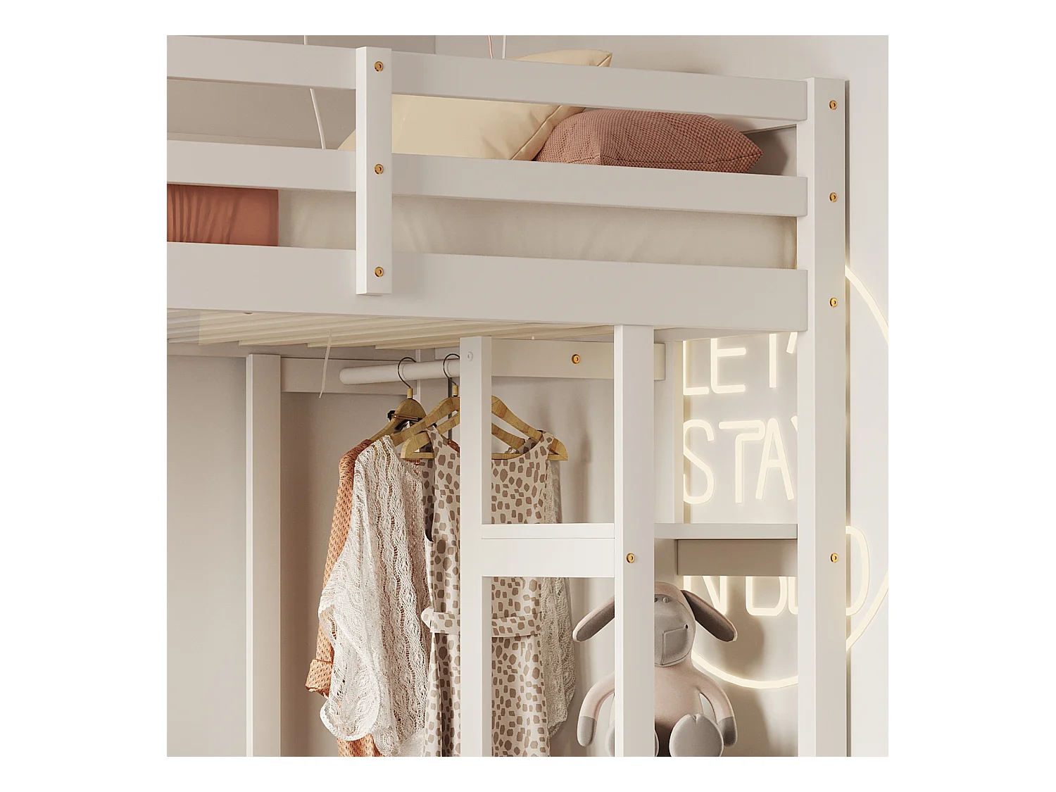 Lit mezzanine bois massif 90x200 cm, avec échelle, table et étagères, penderie simple, lit enfant, lit junior, lit simple, blanc