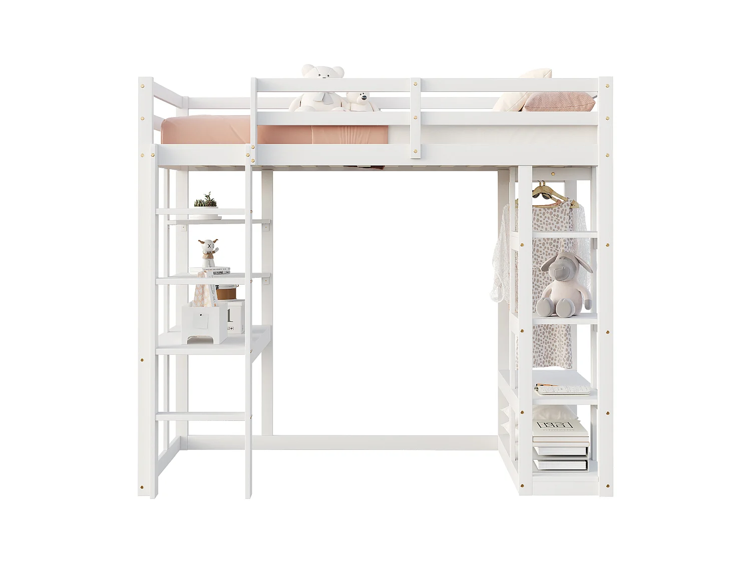 Lit mezzanine bois massif 90x200 cm, avec échelle, table et étagères, penderie simple, lit enfant, lit junior, lit simple, blanc