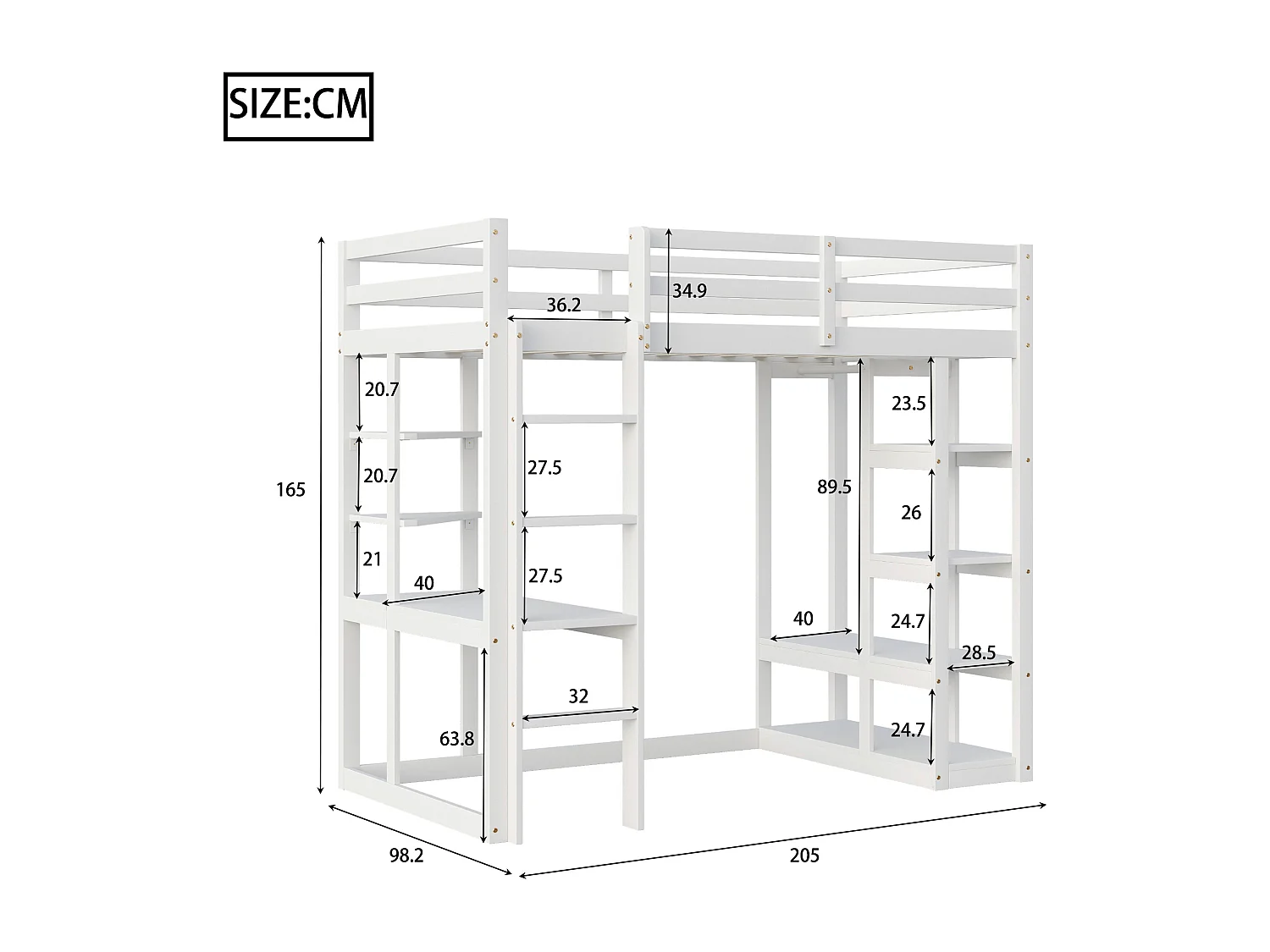 Lit mezzanine bois massif 90x200 cm, avec échelle, table et étagères, penderie simple, lit enfant, lit junior, lit simple, blanc