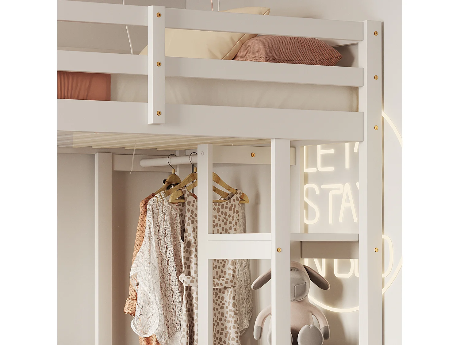 Lit mezzanine bois massif 90x200 cm, avec échelle, table et étagères, penderie simple, lit enfant, lit junior, lit simple, blanc