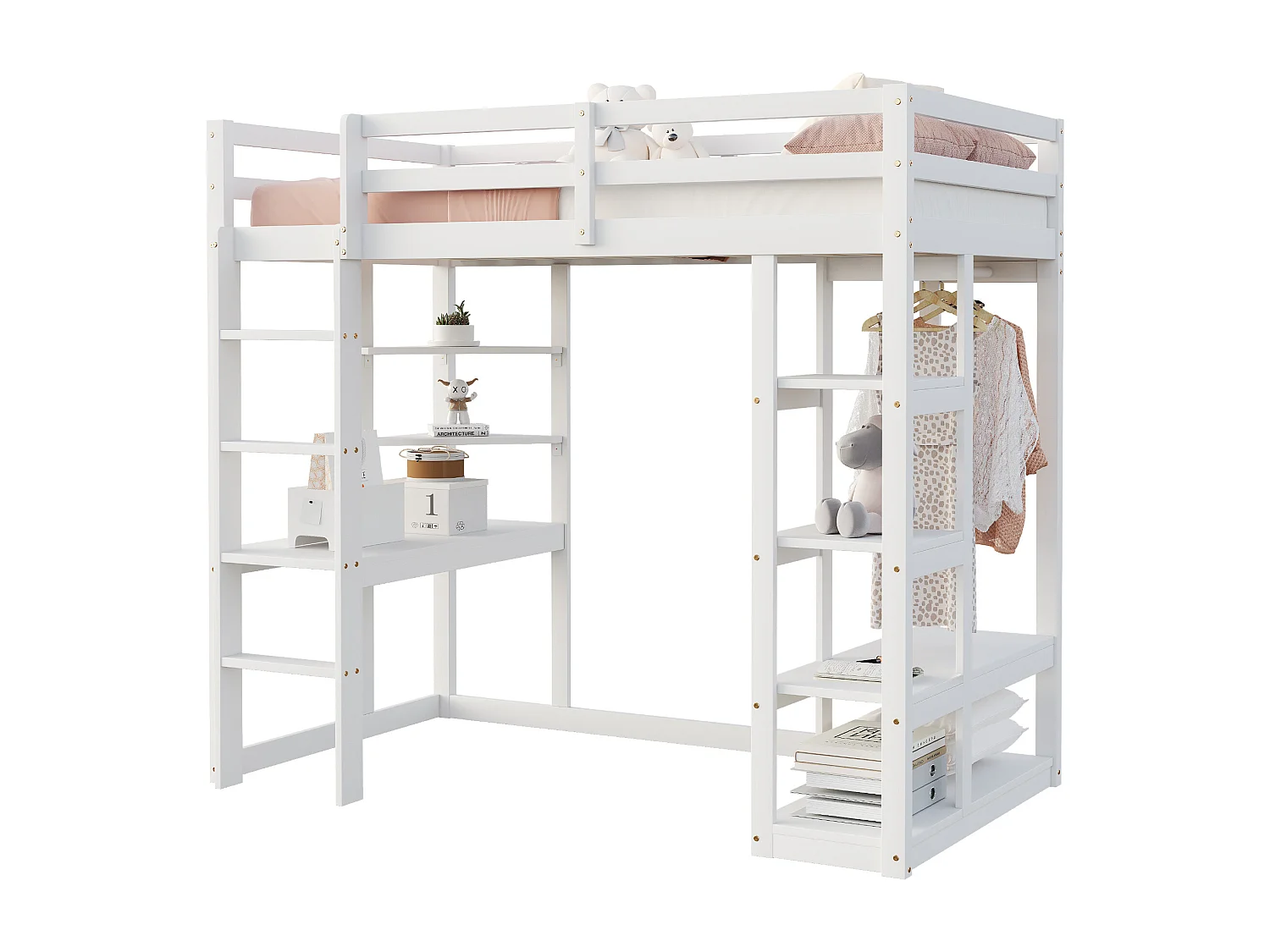 Lit mezzanine bois massif 90x200 cm, avec échelle, table et étagères, penderie simple, lit enfant, lit junior, lit simple, blanc