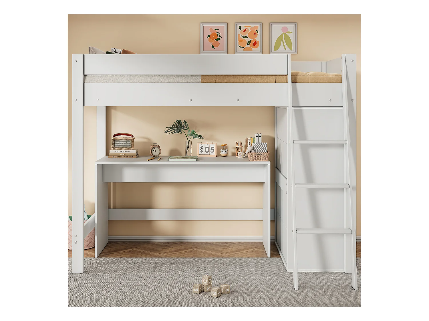 Lit mezzanine enfant 90×200 cm blanc, bois massif, avec échelle, bureau et armoire modulables, sans matelas