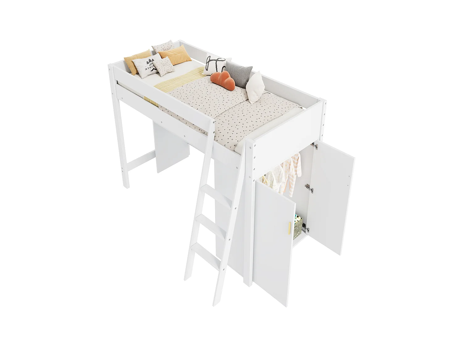 Lit mezzanine enfant 90×200 cm blanc, bois massif, avec échelle, bureau et armoire modulables, sans matelas