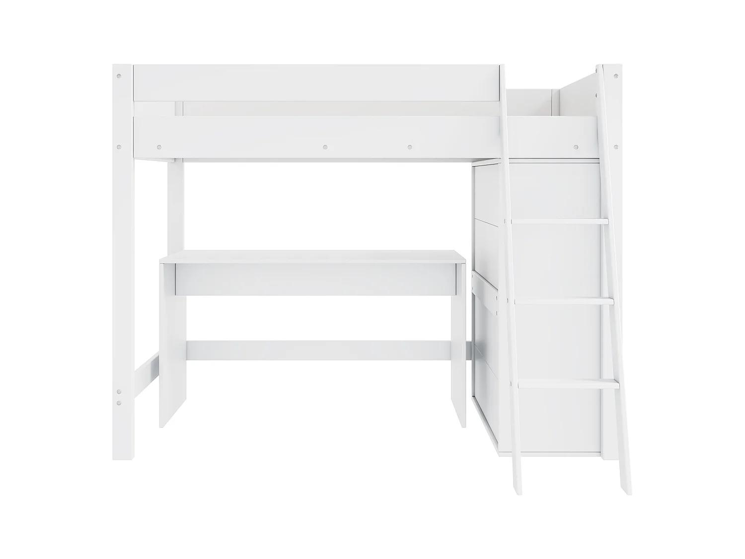 Lit mezzanine enfant 90×200 cm blanc, bois massif, avec échelle, bureau et armoire modulables, sans matelas