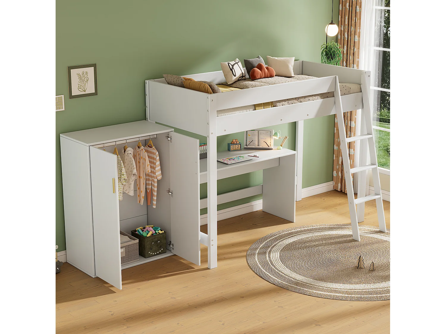 Lit mezzanine enfant 90×200 cm blanc, bois massif, avec échelle, bureau et armoire modulables, sans matelas