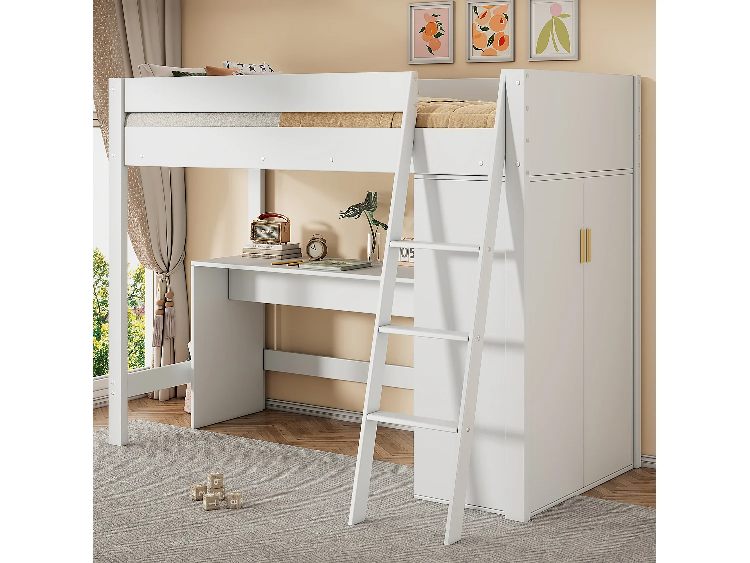 Lit mezzanine enfant 90×200 cm blanc, bois massif, avec échelle, bureau et armoire modulables, sans matelas
