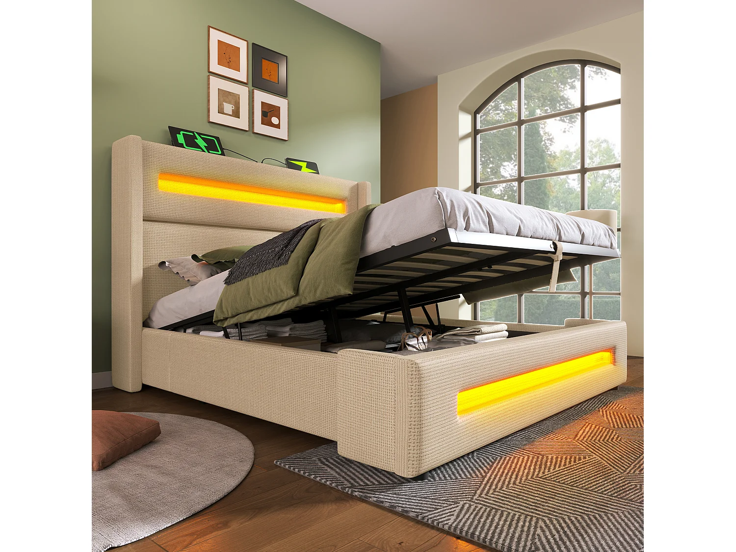 Lit tapissé 140x200 cm double, LED, rangement hydraulique, USB/Type-C, cadre métal bois, tissu lin beige (Avec matelas)