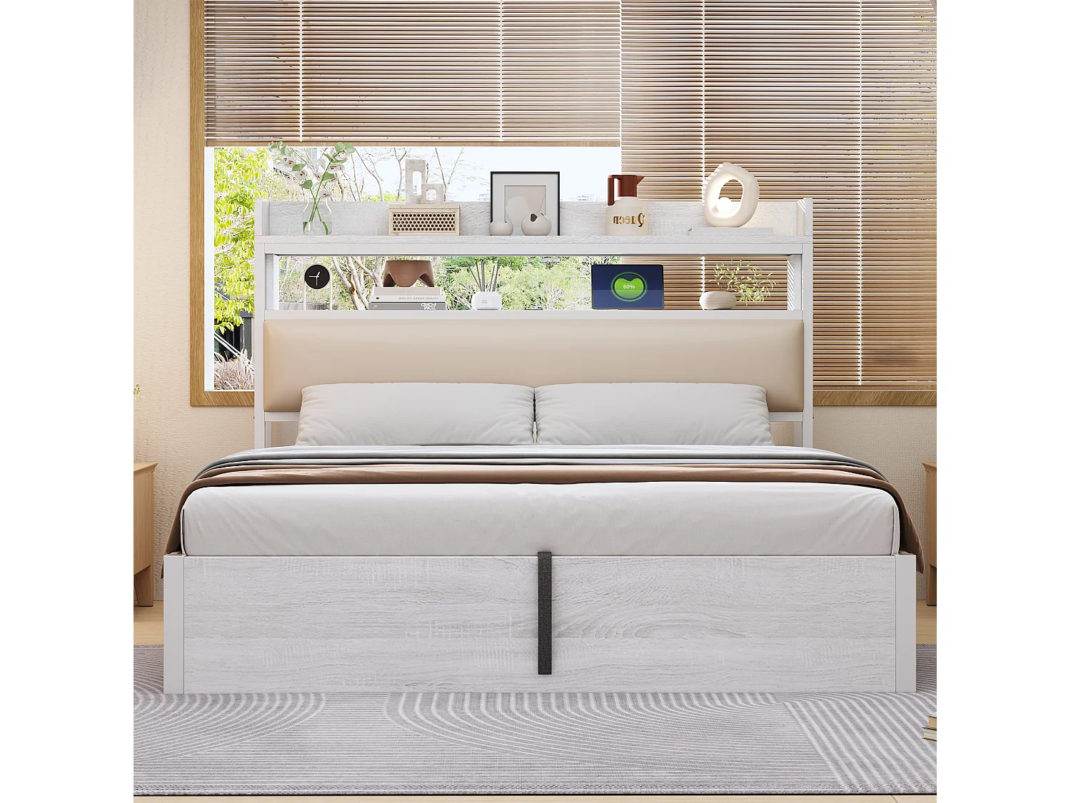 Lit 180x200 cm, cadre avec levage hydraulique, USB, tête rembourrée, design bois et métal, rangement caché, lit double, blanc