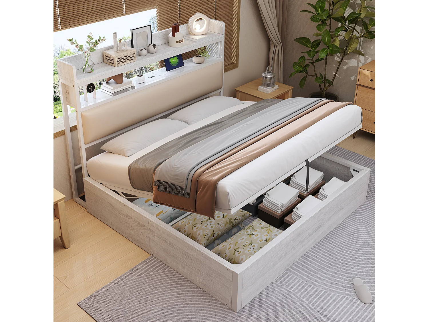 Lit 180x200 cm, cadre avec levage hydraulique, USB, tête rembourrée, design bois et métal, rangement caché, lit double, blanc