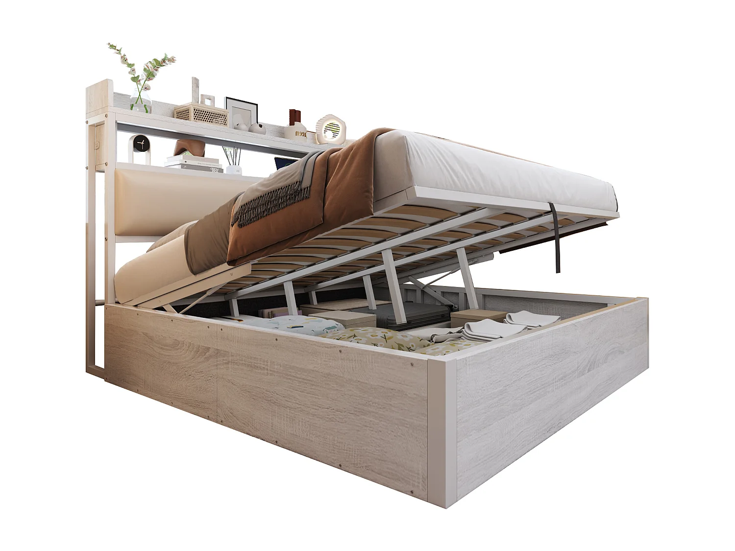 Lit 180x200 cm, cadre avec levage hydraulique, USB, tête rembourrée, design bois et métal, rangement caché, lit double, blanc