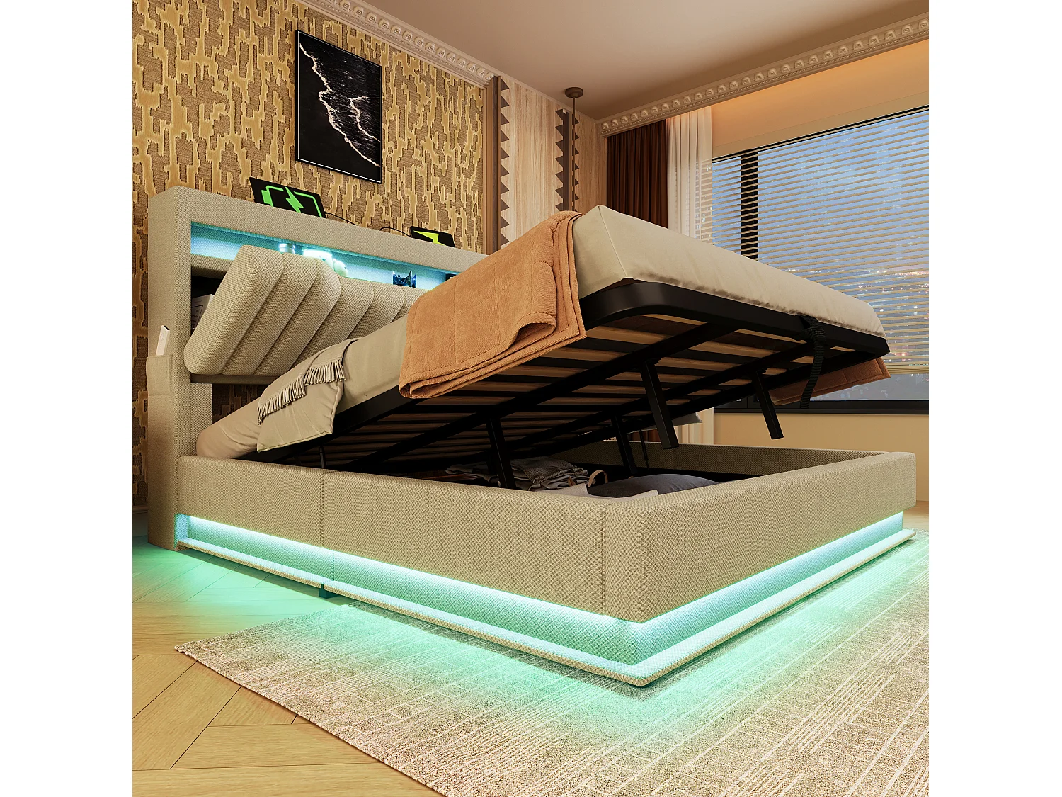 Lit tapissé 160x200 cm double avec tête LED, rangement hydraulique, USB/Type-C, LED aux pieds, tissu lin beige (Avec matelas)