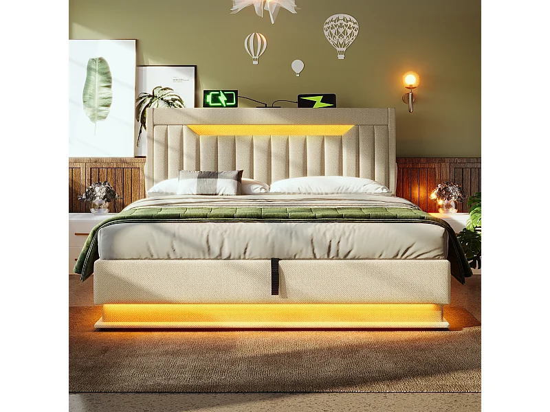 Lit tapissé 160x200 cm double avec tête LED, rangement hydraulique, USB/Type-C, LED aux pieds, tissu lin beige (Avec matelas)