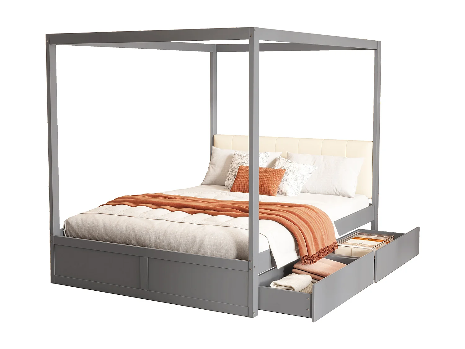 Lit à baldaquin 140x200 cm en bois gris avec grands tiroirs et tête de lit douce, lit double pratique