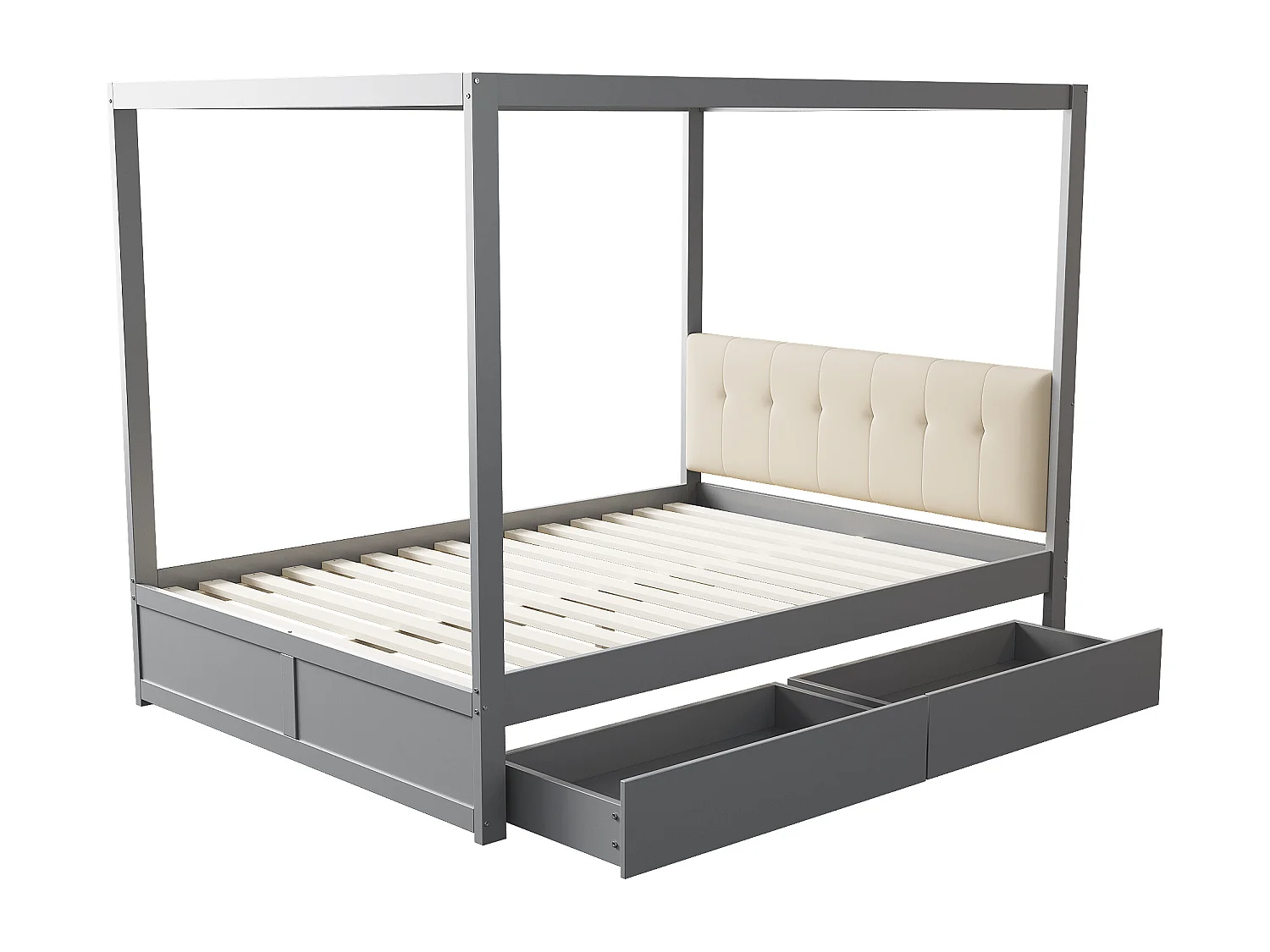 Lit à baldaquin 140x200 cm en bois gris avec grands tiroirs et tête de lit douce, lit double pratique