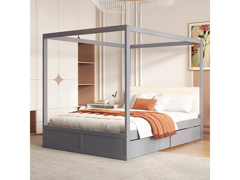Lit à baldaquin 140x200 cm en bois gris avec grands tiroirs et tête de lit douce, lit double pratique