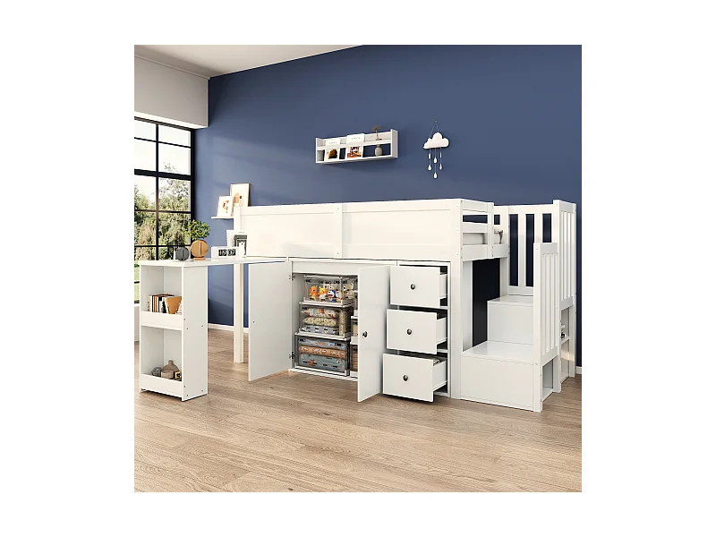 Lit mezzanine enfant 90×200 cm blanc MDF, avec bureau coulissant, armoire, tiroirs, escaliers et rangement latéral