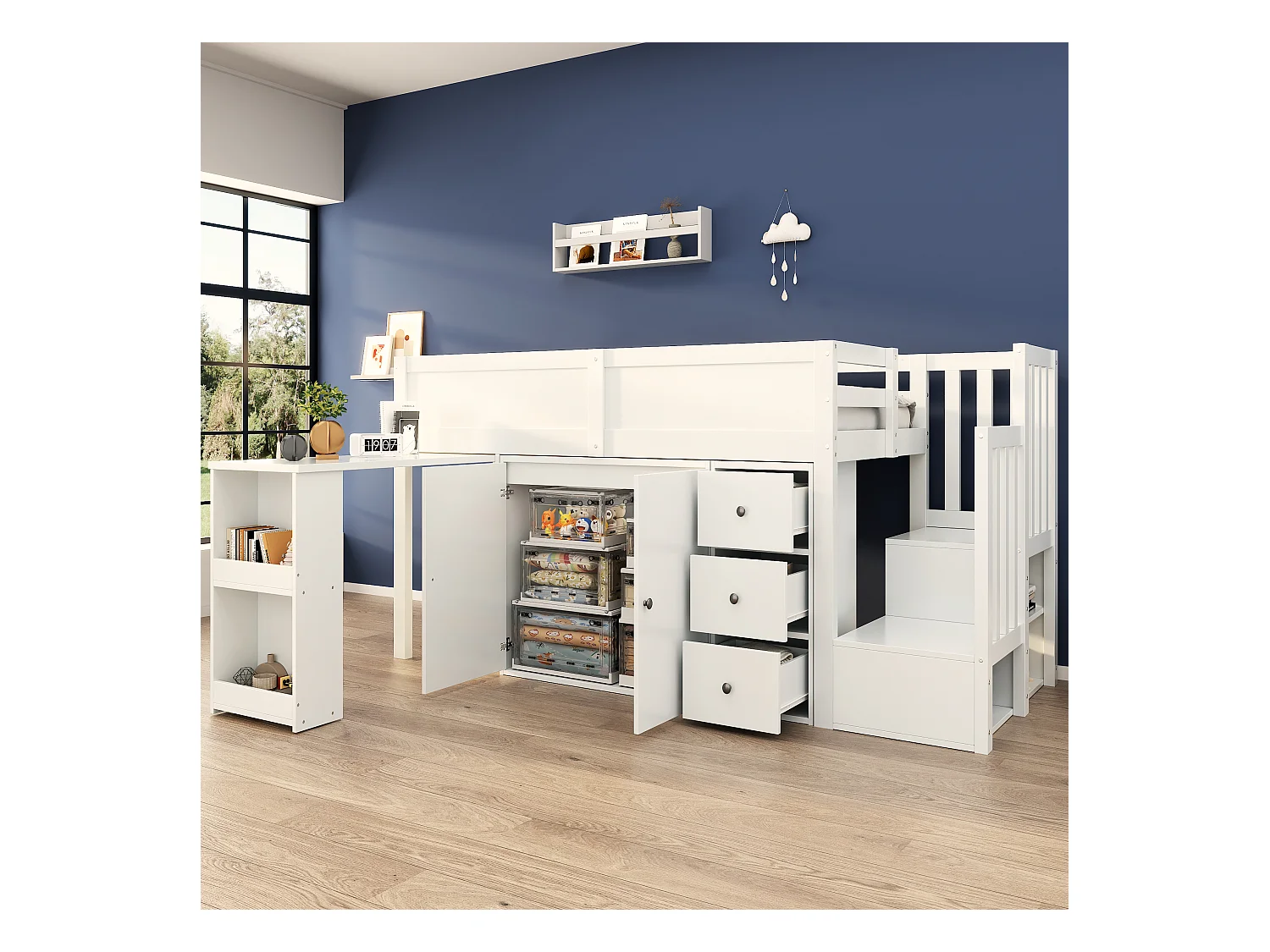 Lit mezzanine enfant 90×200 cm blanc MDF, avec bureau coulissant, armoire, tiroirs, escaliers et rangement latéral