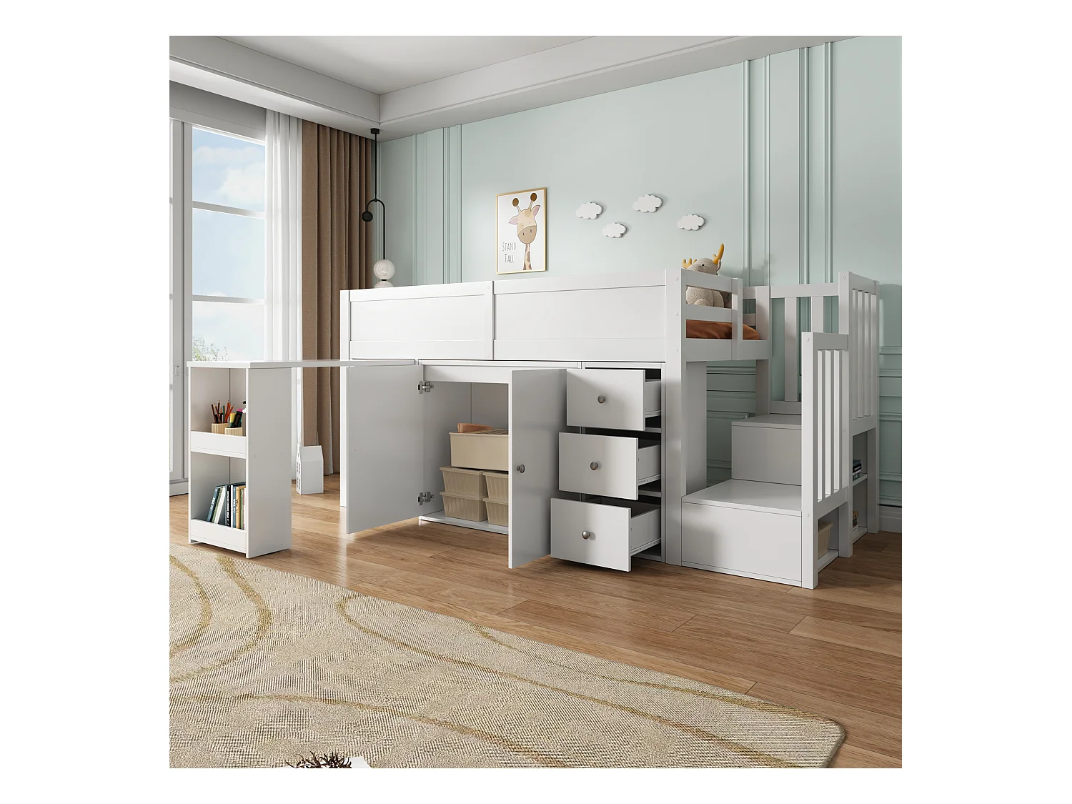Lit mezzanine enfant 90×200 cm blanc MDF, avec bureau coulissant, armoire, tiroirs, escaliers et rangement latéral