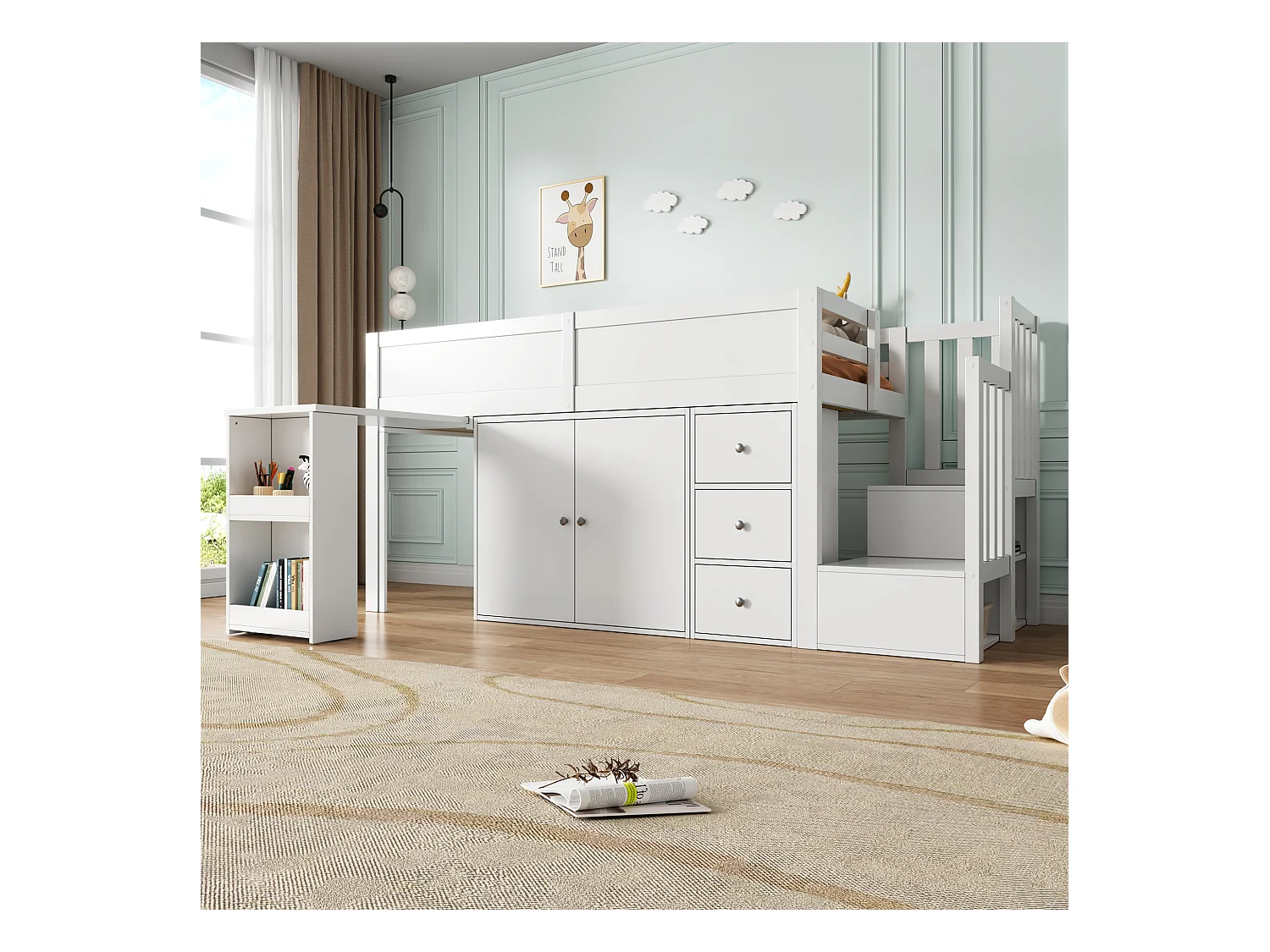 Lit mezzanine enfant 90×200 cm blanc MDF, avec bureau coulissant, armoire, tiroirs, escaliers et rangement latéral