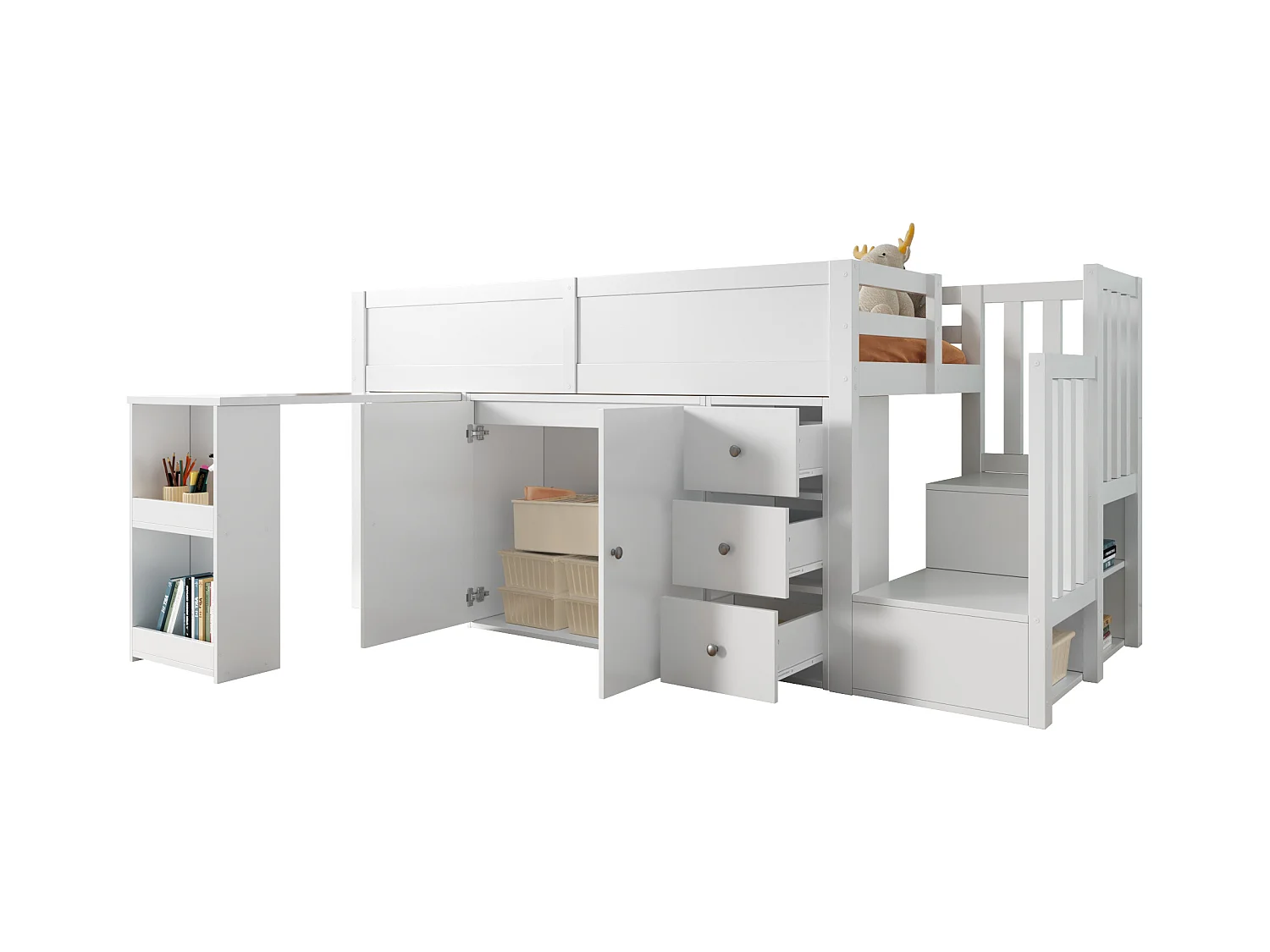 Lit mezzanine enfant 90×200 cm blanc MDF, avec bureau coulissant, armoire, tiroirs, escaliers et rangement latéral