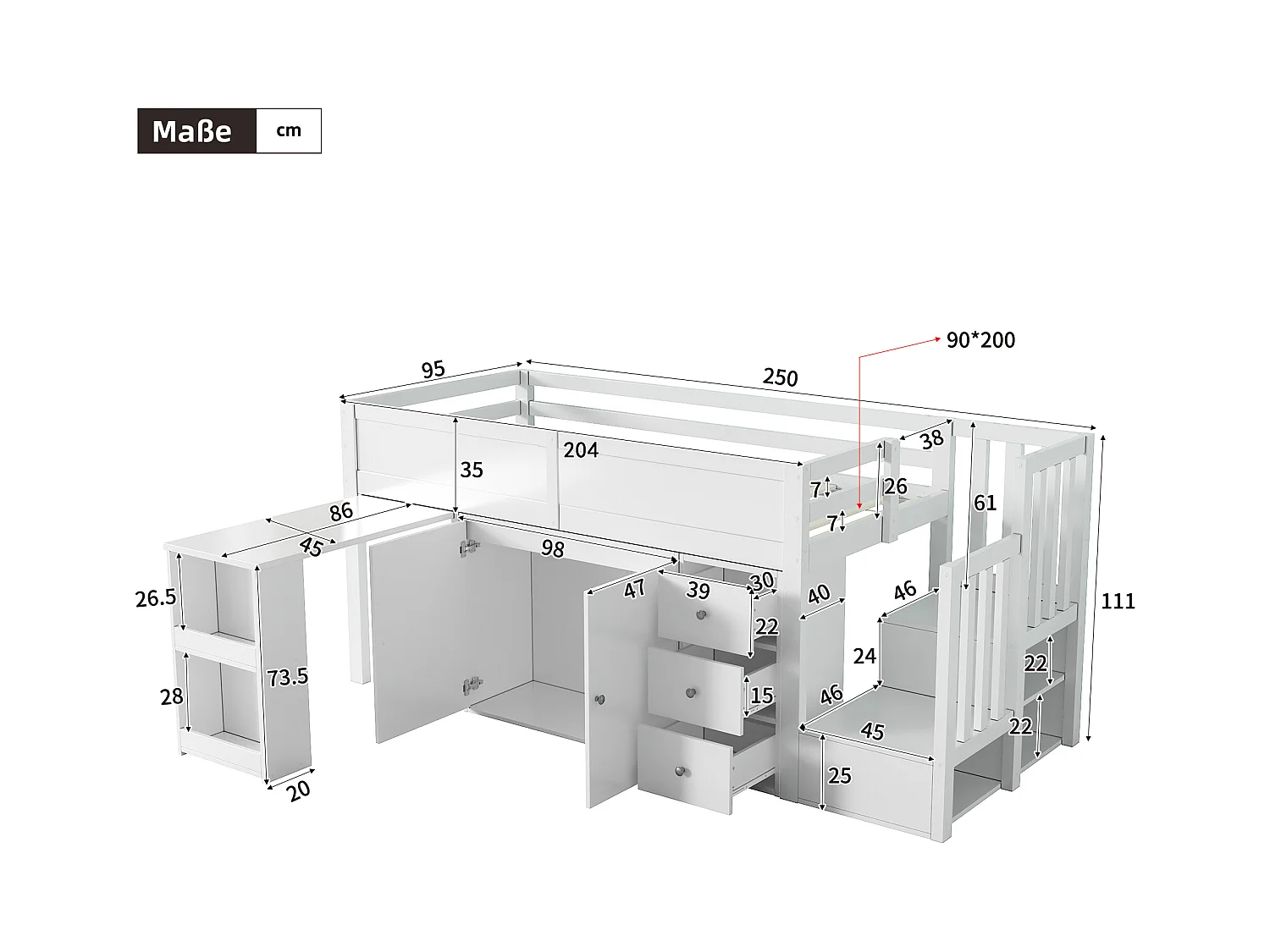Lit mezzanine enfant 90×200 cm blanc MDF, avec bureau coulissant, armoire, tiroirs, escaliers et rangement latéral