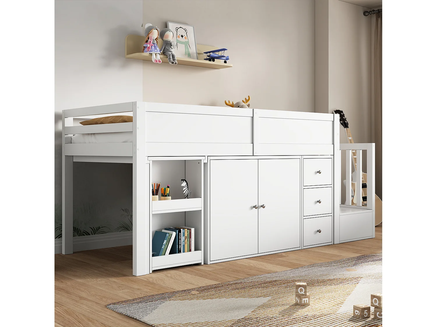 Lit mezzanine enfant 90×200 cm blanc MDF, avec bureau coulissant, armoire, tiroirs, escaliers et rangement latéral