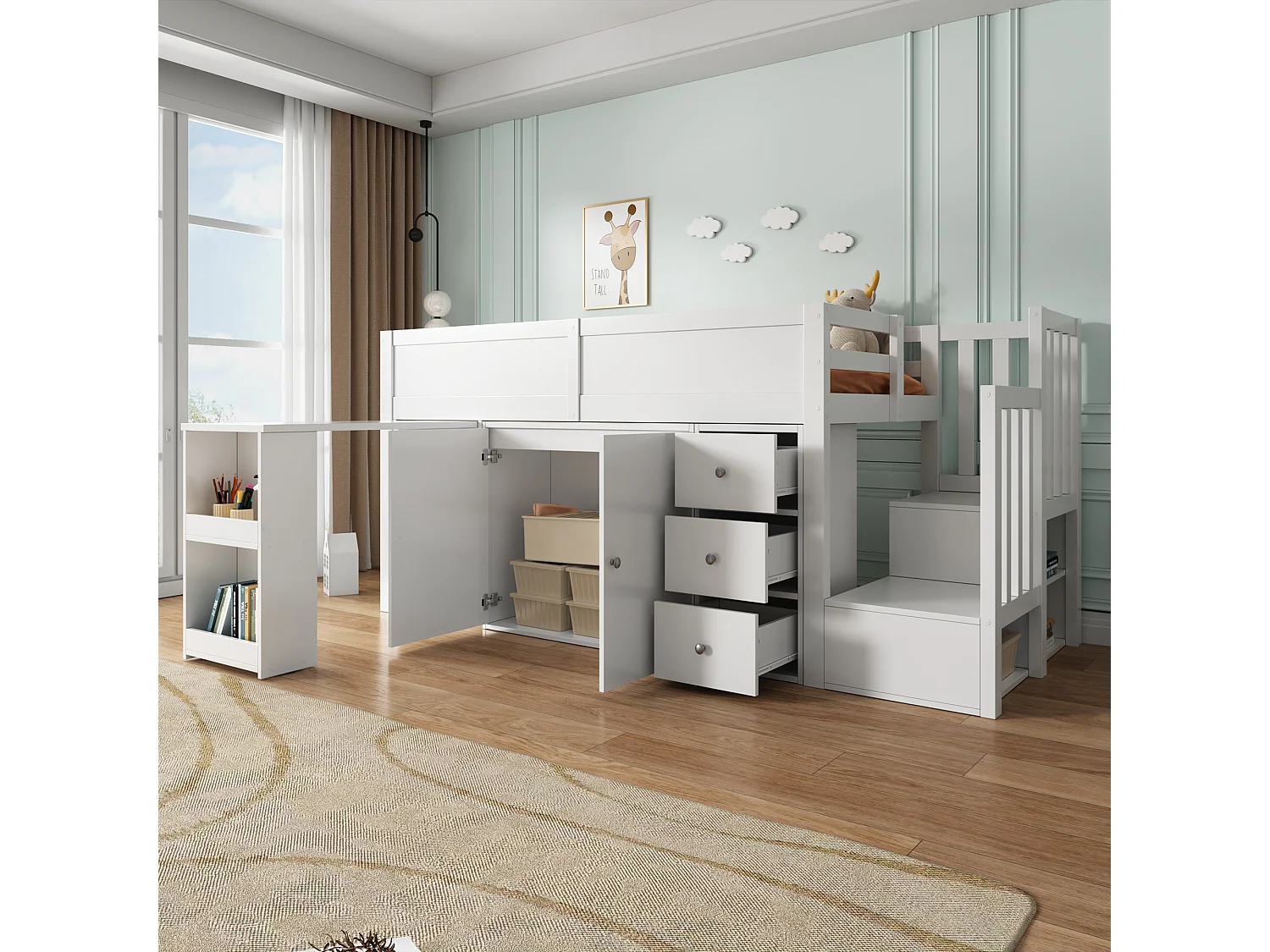 Lit mezzanine enfant 90×200 cm blanc MDF, avec bureau coulissant, armoire, tiroirs, escaliers et rangement latéral