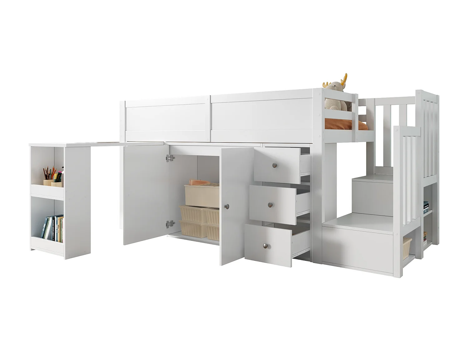Lit mezzanine enfant 90×200 cm blanc MDF, avec bureau coulissant, armoire, tiroirs, escaliers et rangement latéral