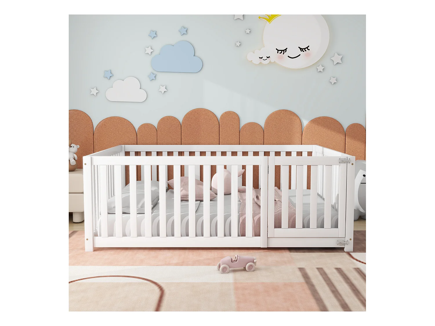 Lit enfant 140x200 cm blanc, cadre en bois avec barrière et porte, lit au sol sécurisé et stable