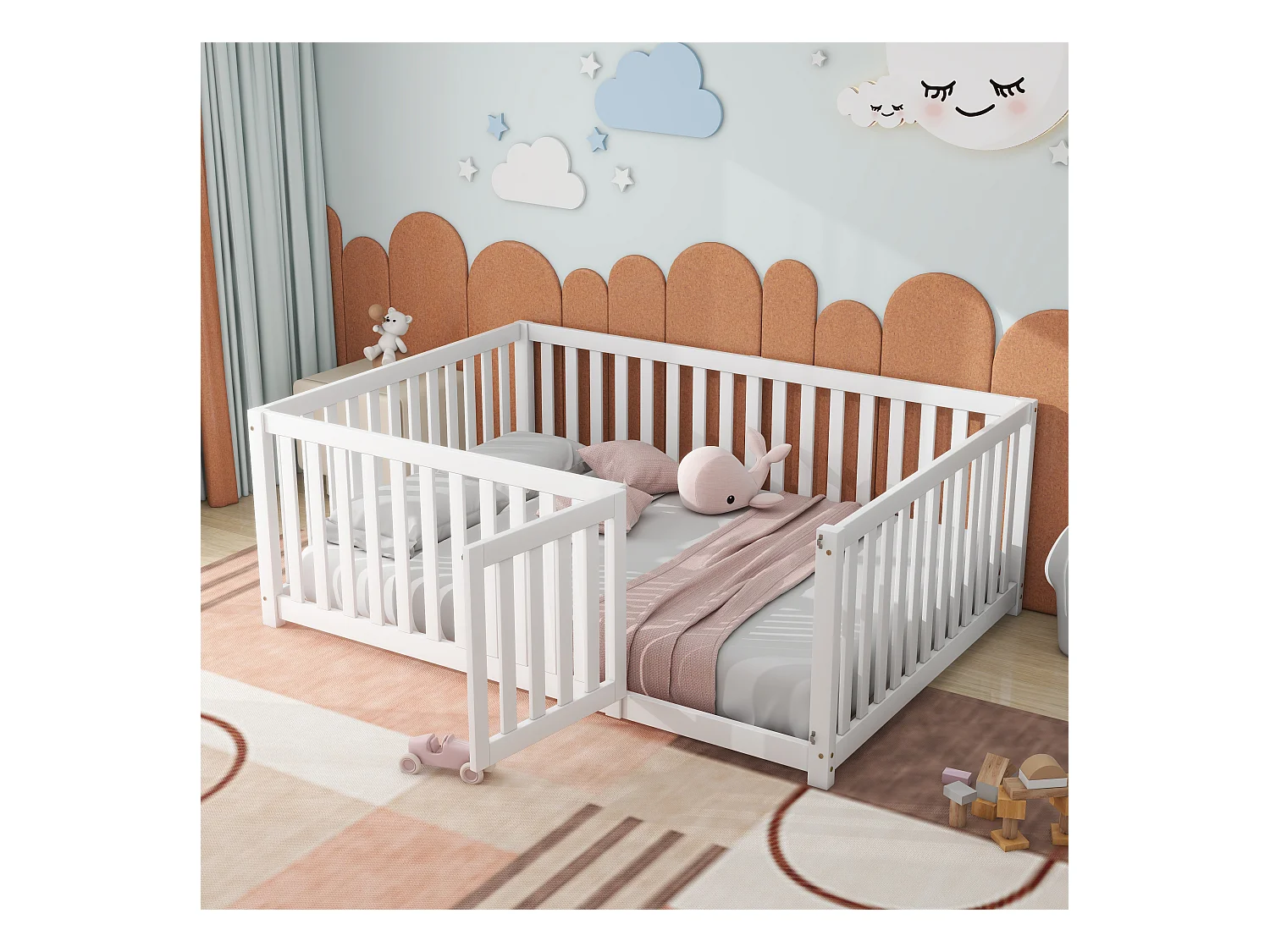 Lit enfant 140x200 cm blanc, cadre en bois avec barrière et porte, lit au sol sécurisé et stable