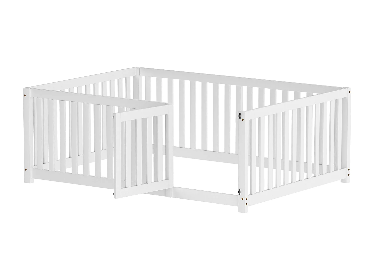 Lit enfant 140x200 cm blanc, cadre en bois avec barrière et porte, lit au sol sécurisé et stable
