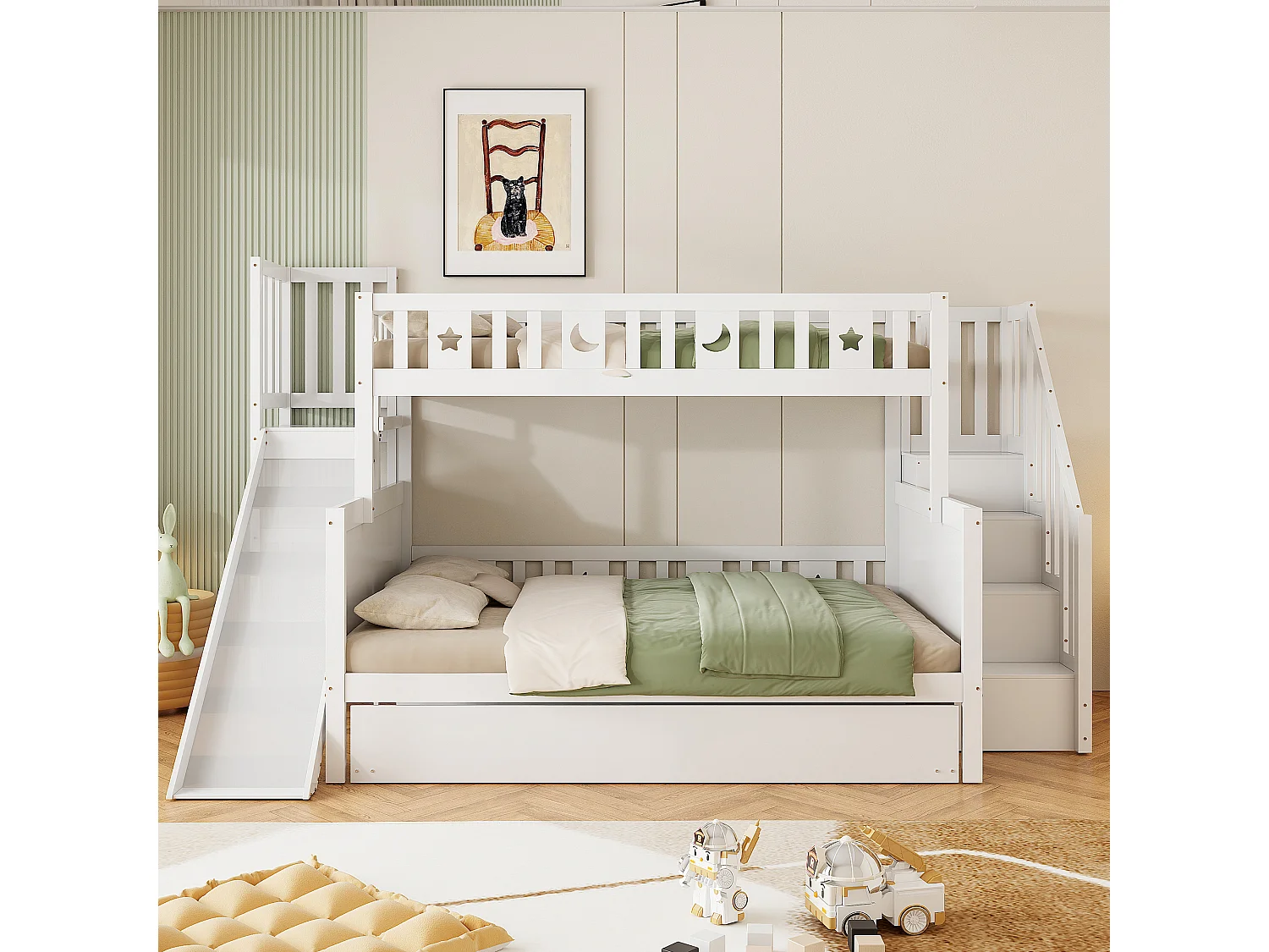 Lit superposé 90x200/140x200 cm blanc, en bois massif, avec toboggan, étagère, lit gigogne et sommier