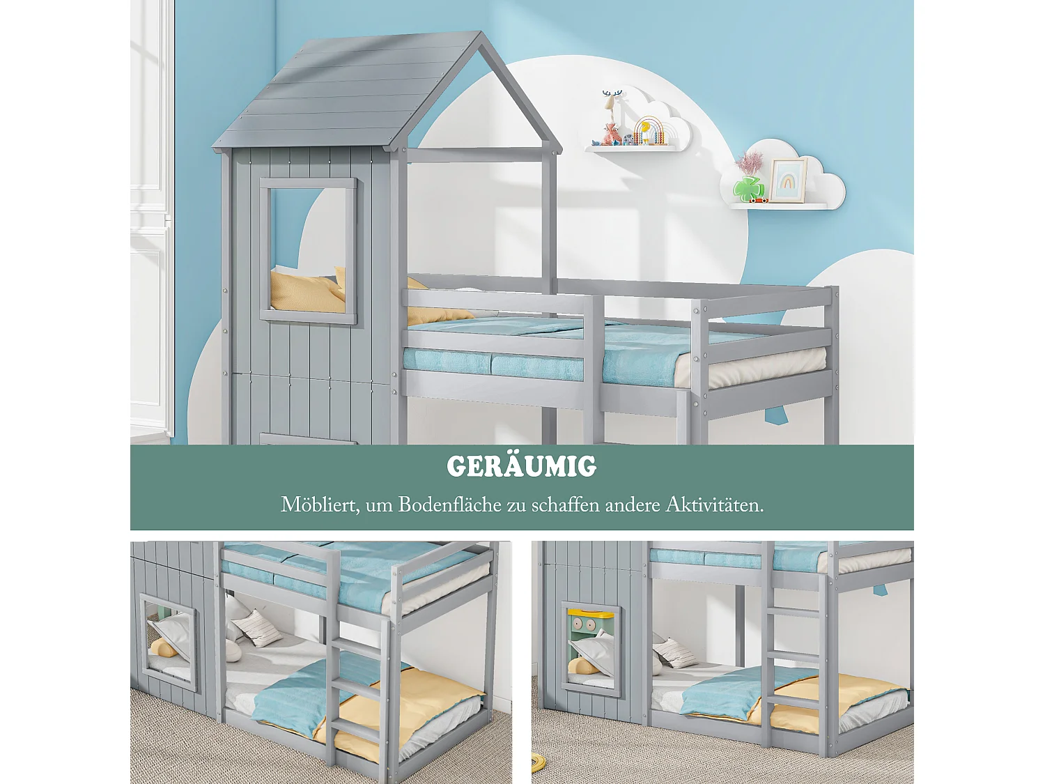 Lit superposé cabane 90×200 cm pour enfants, avec échelle et baldaquin, bois massif gris