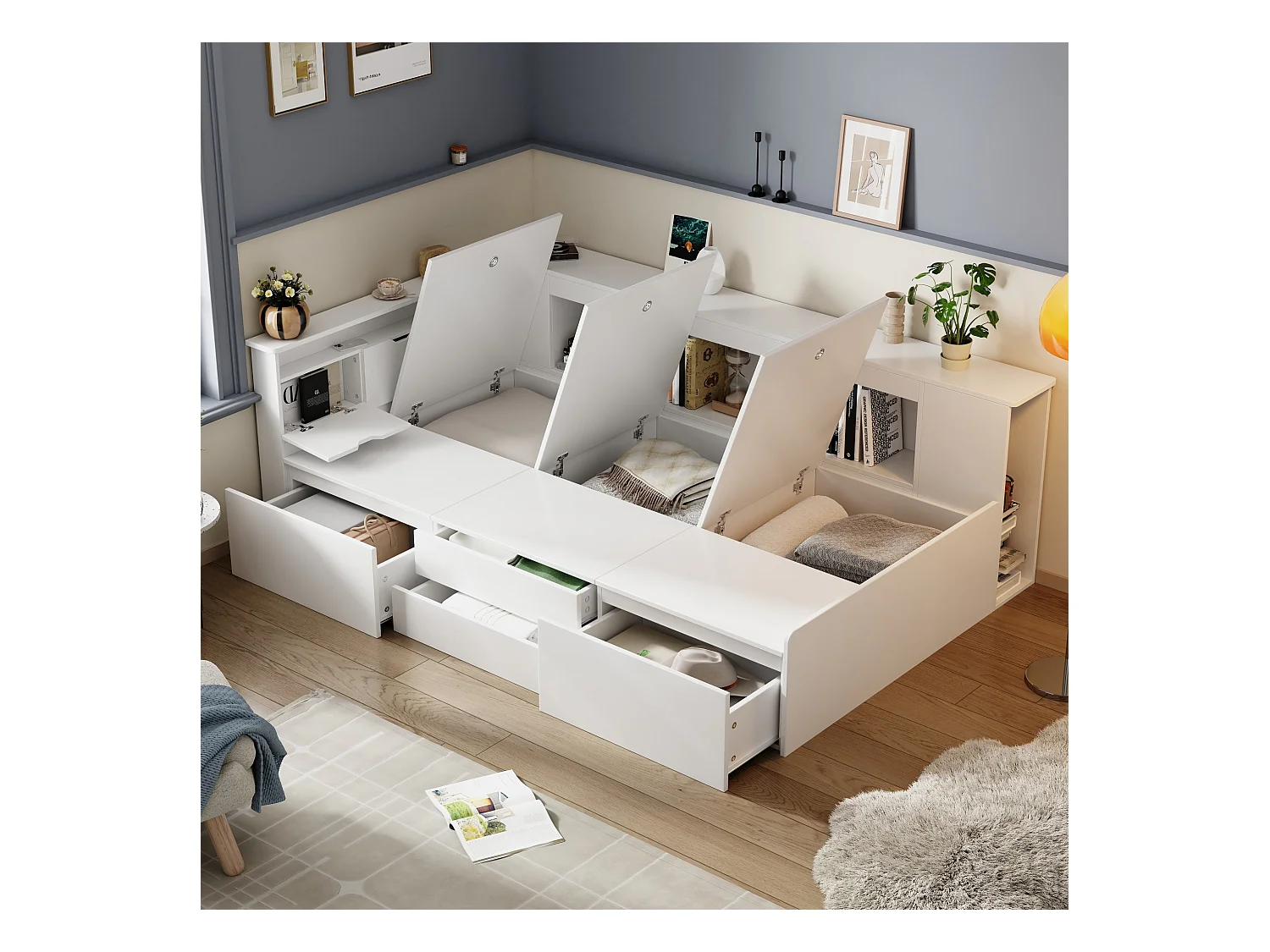 Lit enfant multifonction 90×200 cm blanc, avec tiroirs, bibliothèque, penderie et grand espace de rangement