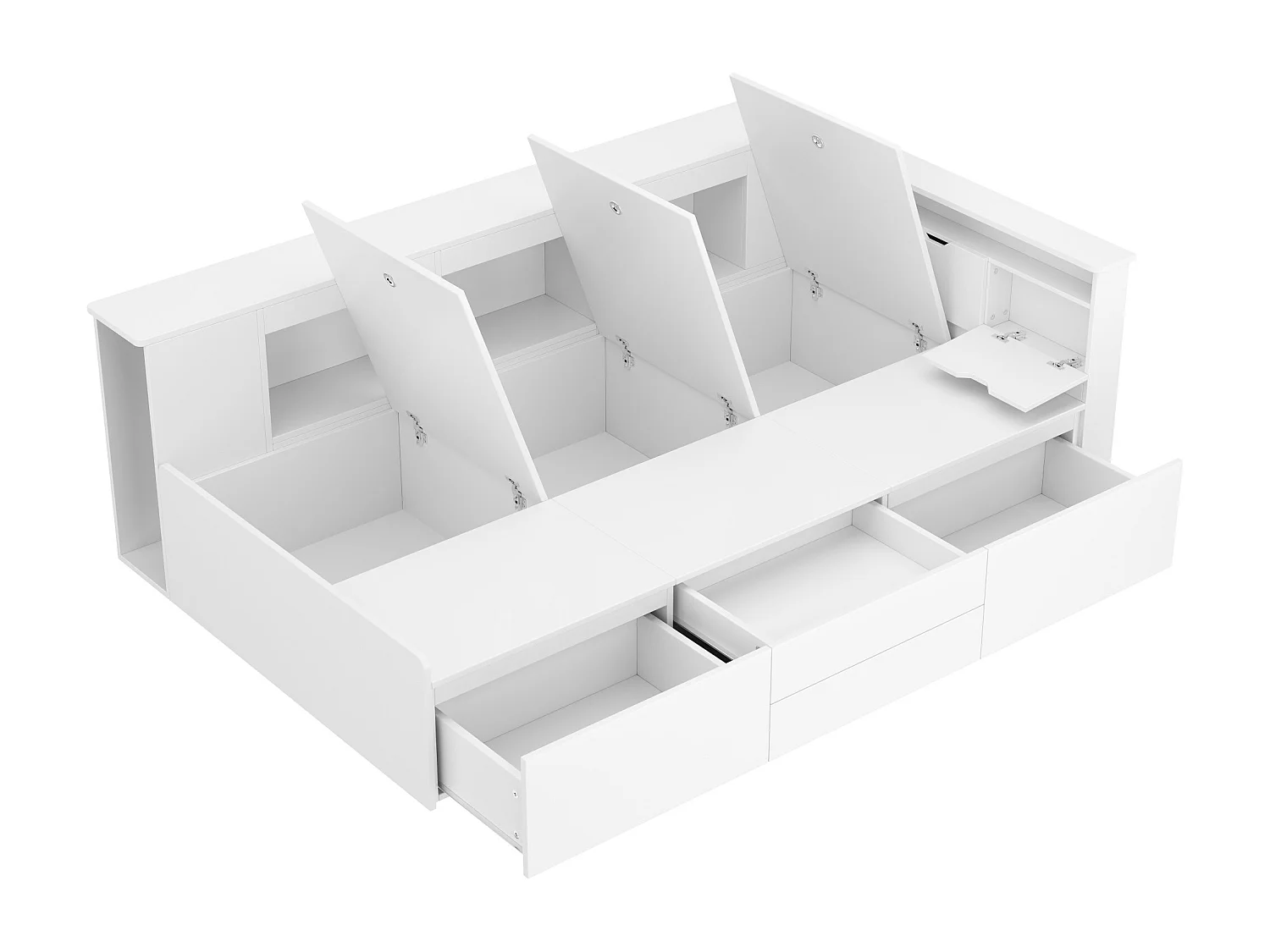 Lit enfant multifonction 90×200 cm blanc, avec tiroirs, bibliothèque, penderie et grand espace de rangement