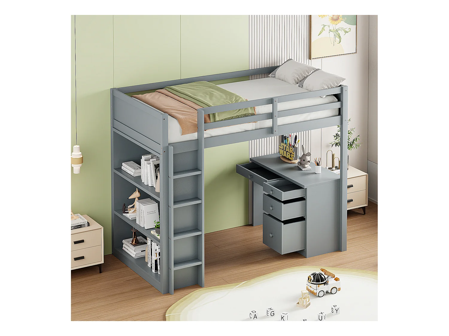 Lit mezzanine 90x200 cm gris, en bois, avec espace de rangement, bureau et échelle de sécurité pratique