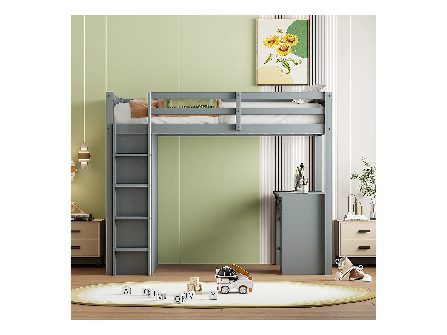 Lit mezzanine 90x200 cm gris, en bois, avec espace de rangement, bureau et échelle de sécurité pratique