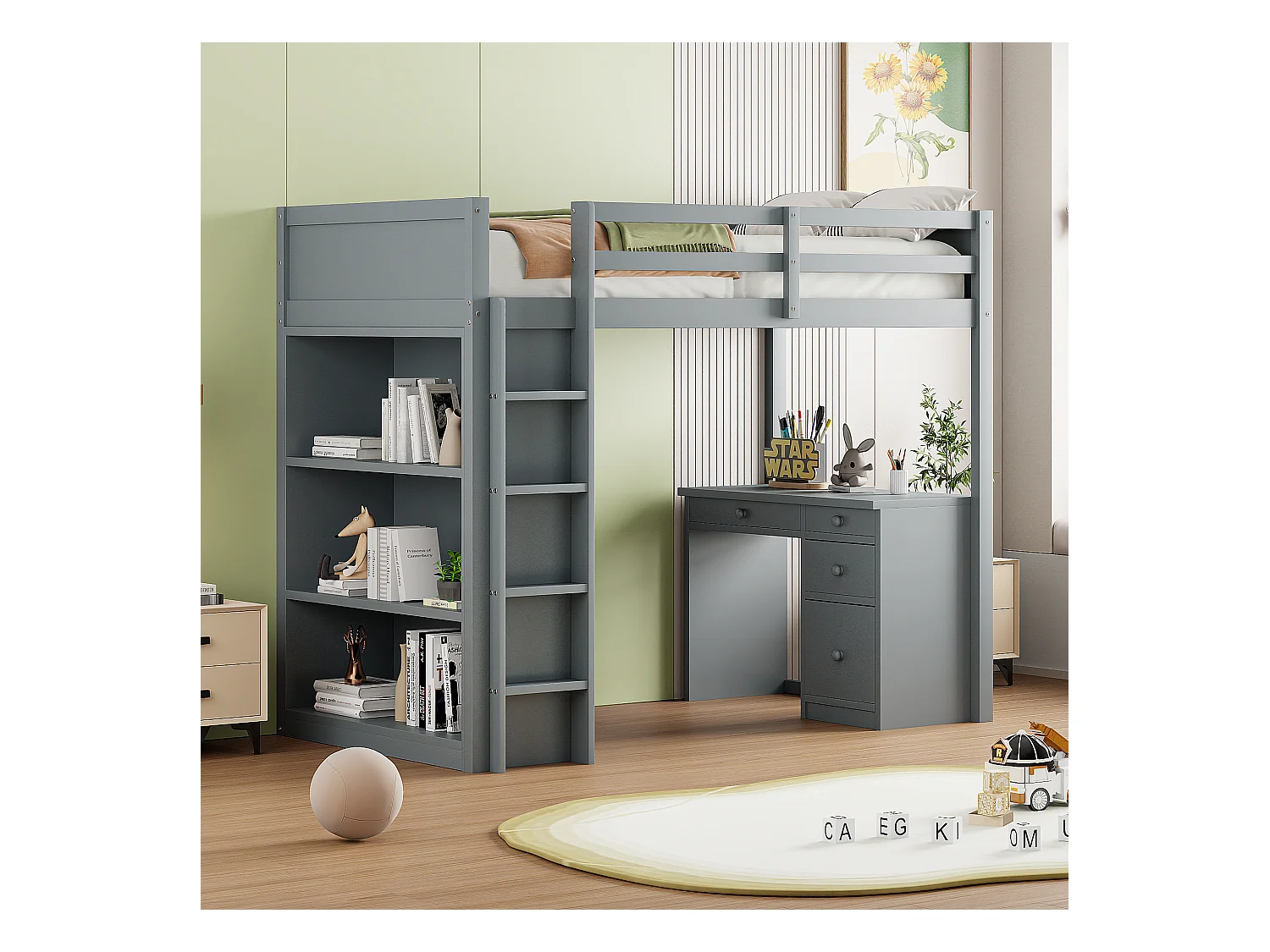 Lit mezzanine 90x200 cm gris, en bois, avec espace de rangement, bureau et échelle de sécurité pratique