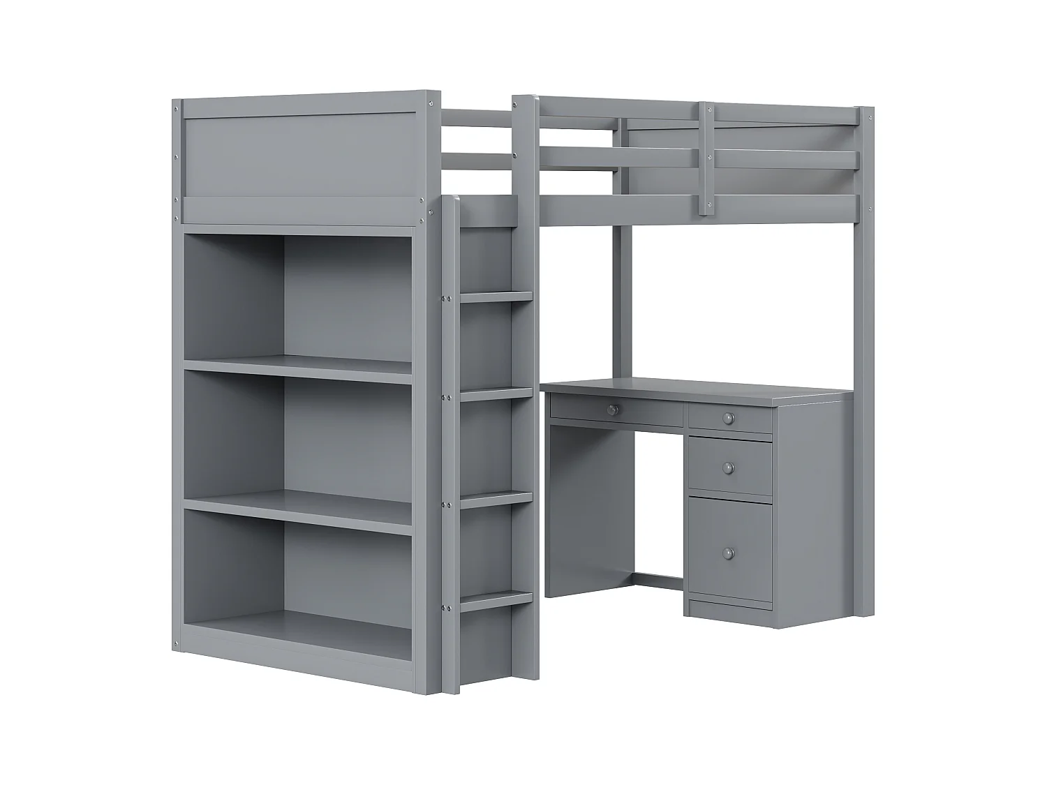 Lit mezzanine 90x200 cm gris, en bois, avec espace de rangement, bureau et échelle de sécurité pratique