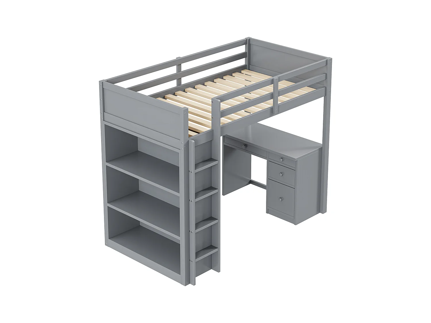 Lit mezzanine 90x200 cm gris, en bois, avec espace de rangement, bureau et échelle de sécurité pratique