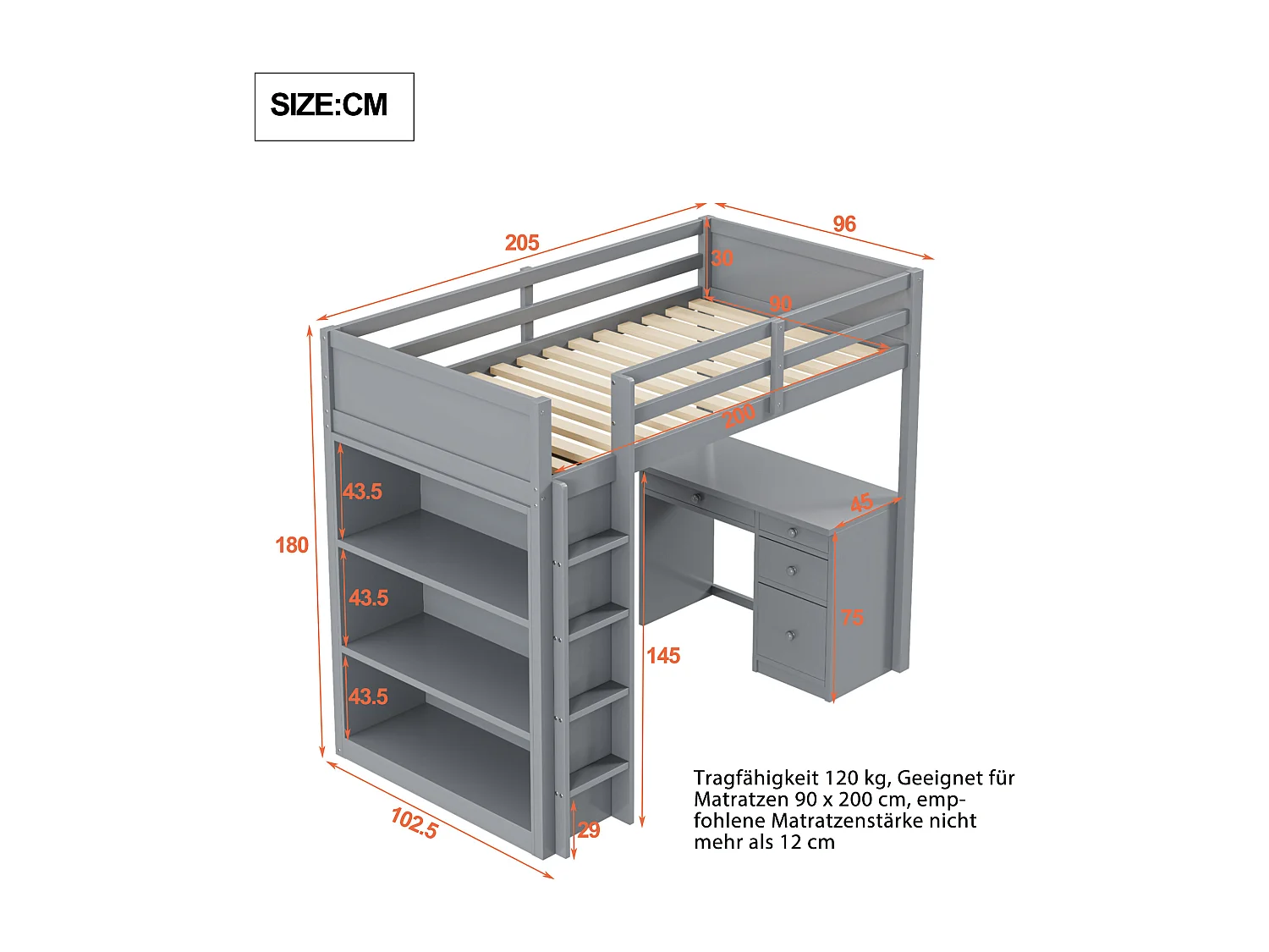 Lit mezzanine 90x200 cm gris, en bois, avec espace de rangement, bureau et échelle de sécurité pratique